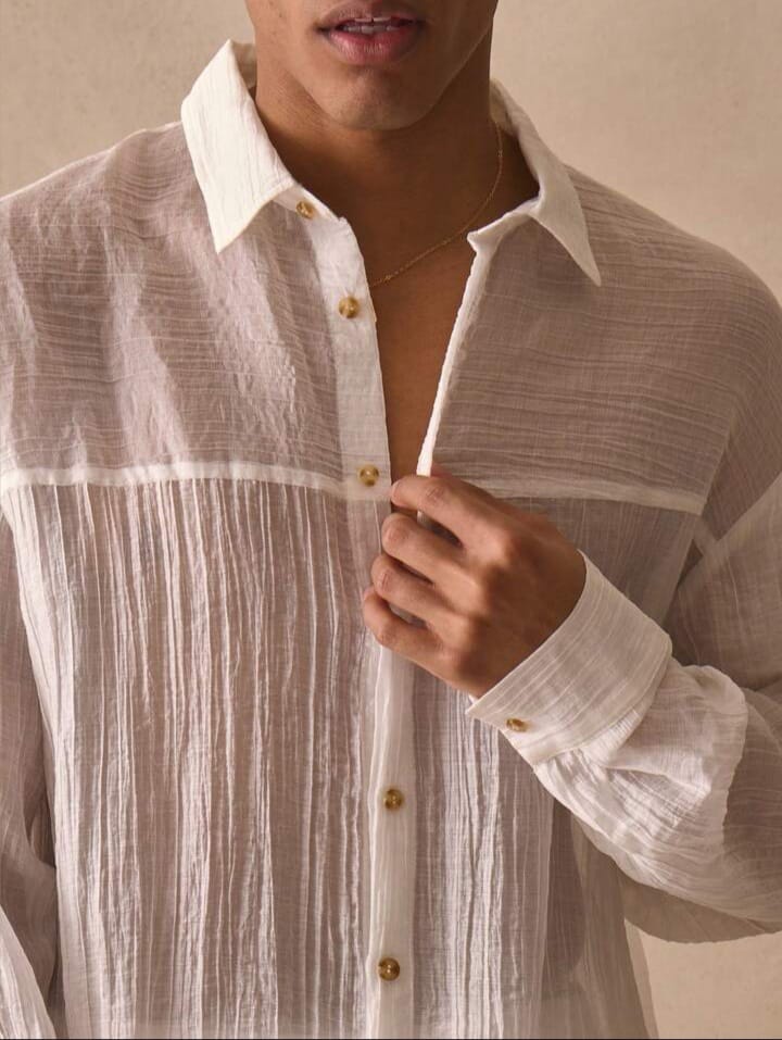Men's Long Sleeve Oversized Light Weight Collared Button Through Shirt Top  Spring Summer Essentials